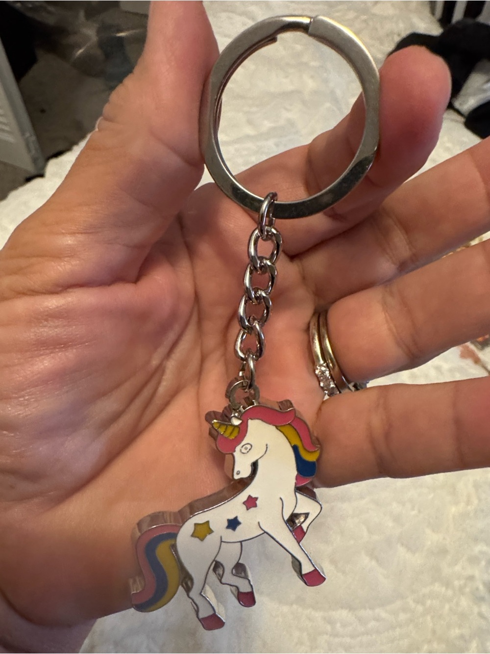 Rainbow Unicorn Keychain - White with Pink, Yellow & Blue Accents - Picture 2 of 3